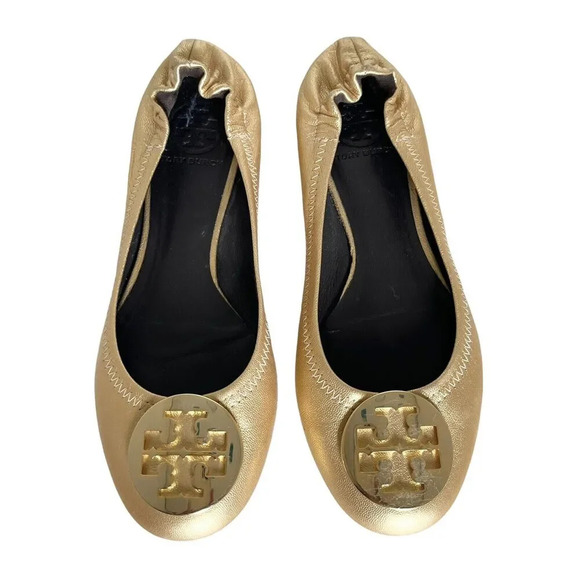 Tory Burch Reva Gold Leather Round Toe Slip-On Ballet Womens Flats Size 7M - Picture 1 of 7